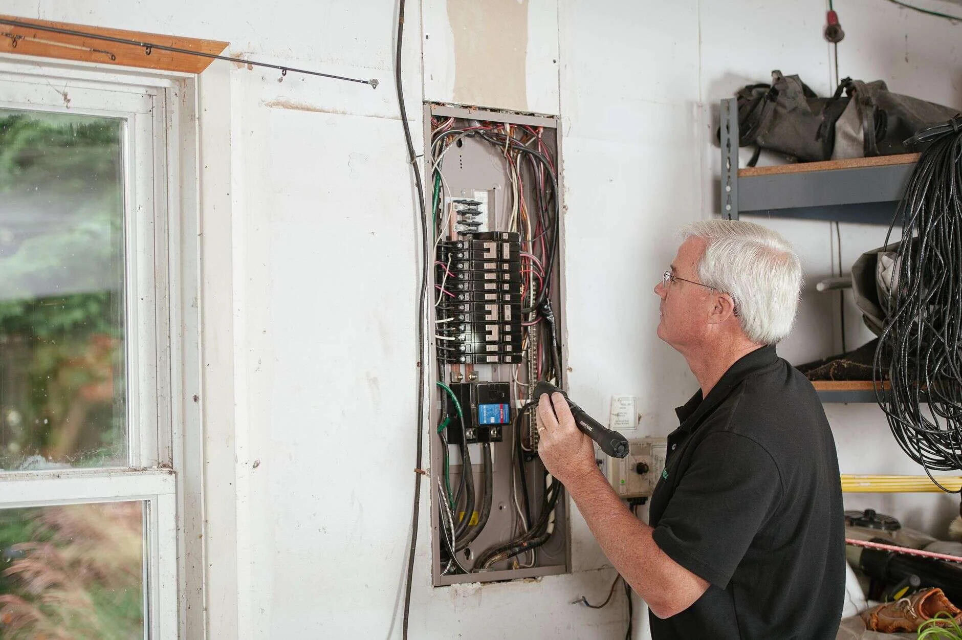 Électricien examinant une installation électrique avant d'établir un devis